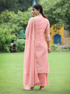Juniper Peach Chanderi Festive Embroidered Polka Dot Printed A-line Kurta Set - Distacart