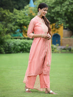 Juniper Peach Chanderi Festive Embroidered Polka Dot Printed A-line Kurta Set - Distacart