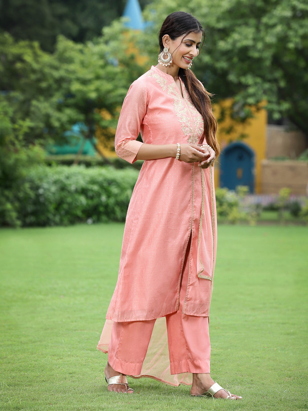 Juniper Peach Chanderi Festive Embroidered Polka Dot Printed A-line Kurta Set - Distacart