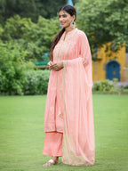Juniper Peach Chanderi Festive Embroidered Polka Dot Printed A-line Kurta Set - Distacart