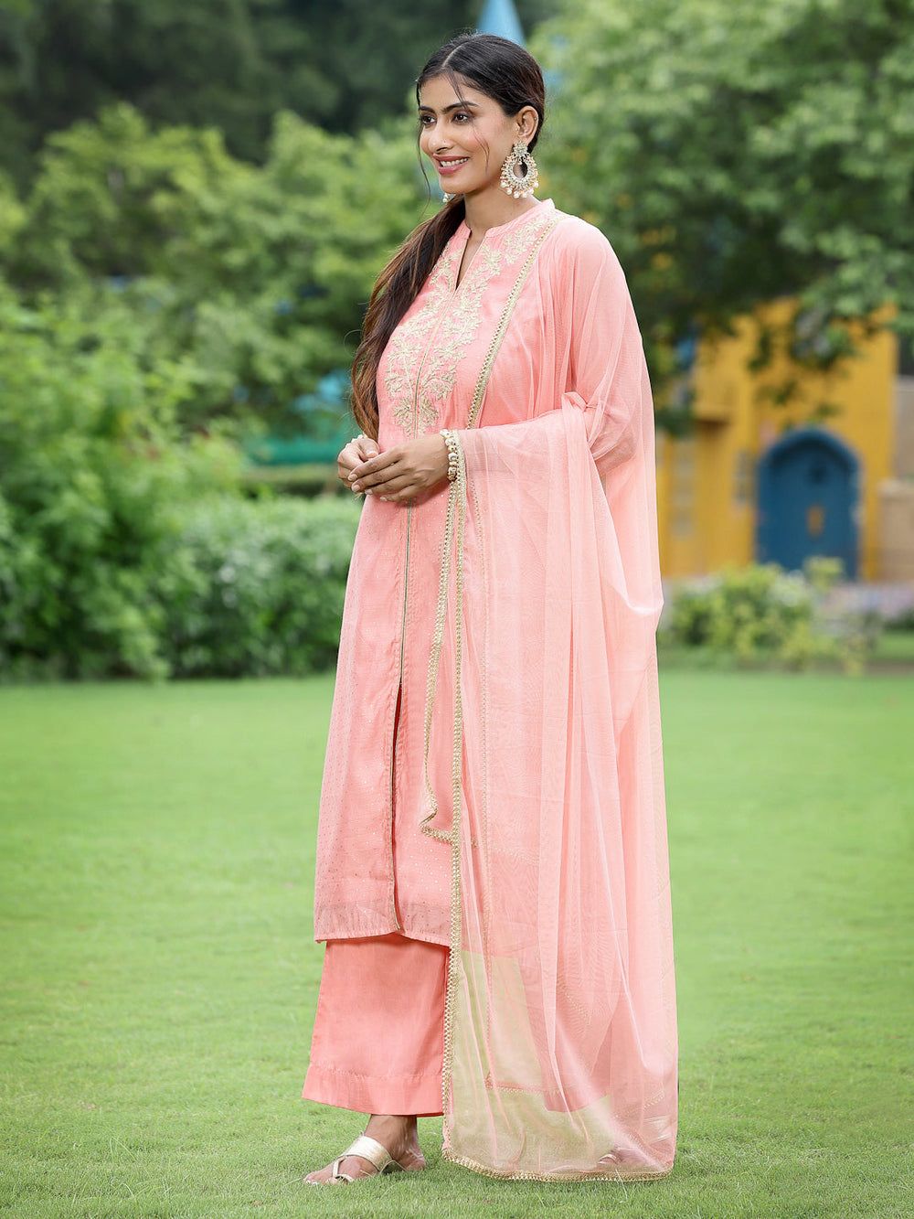 Juniper Peach Chanderi Festive Embroidered Polka Dot Printed A-line Kurta Set - Distacart