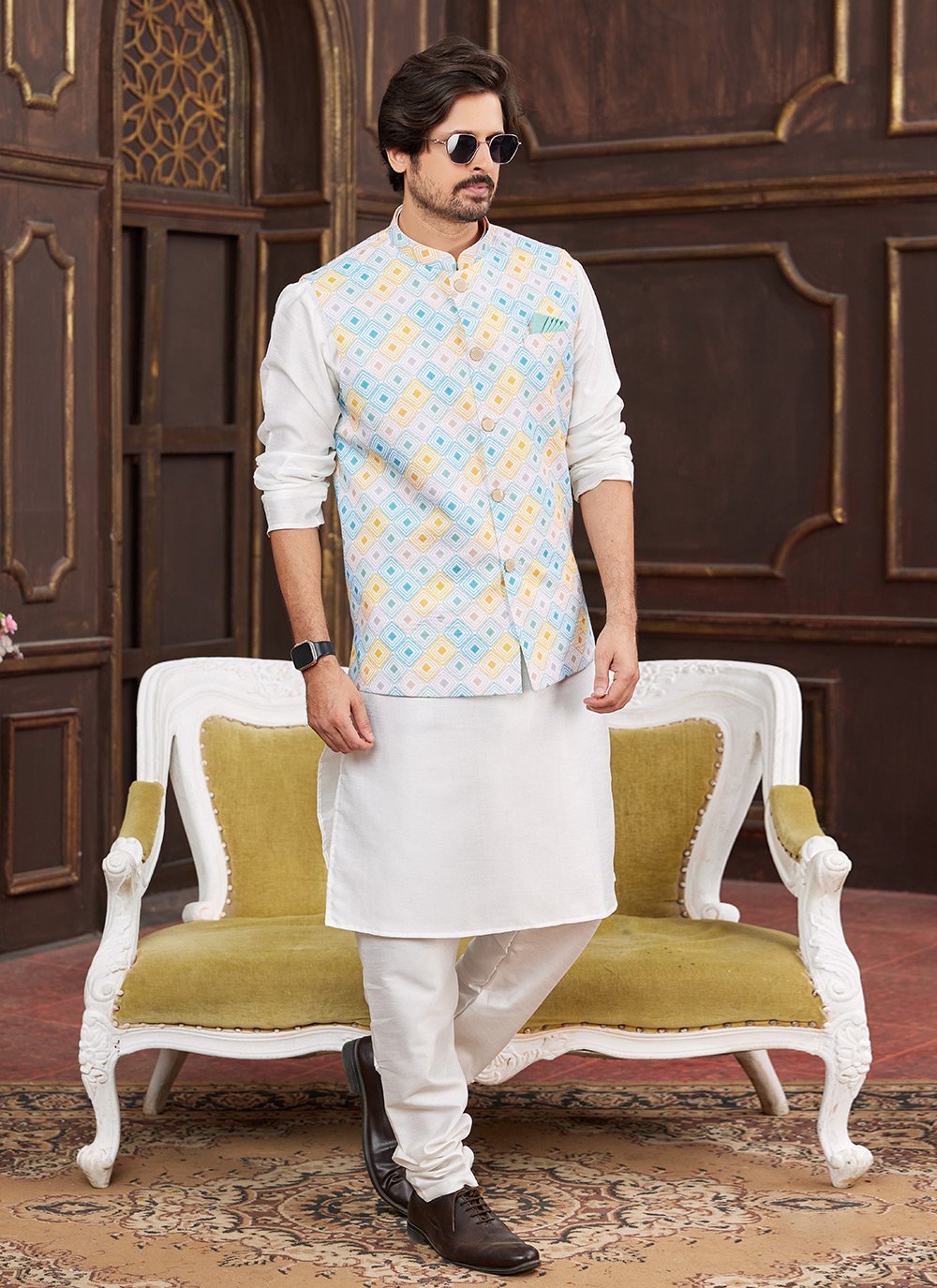 Raivat Ethnic Art Silk Digital Print Work Jacket Set In Multicolour