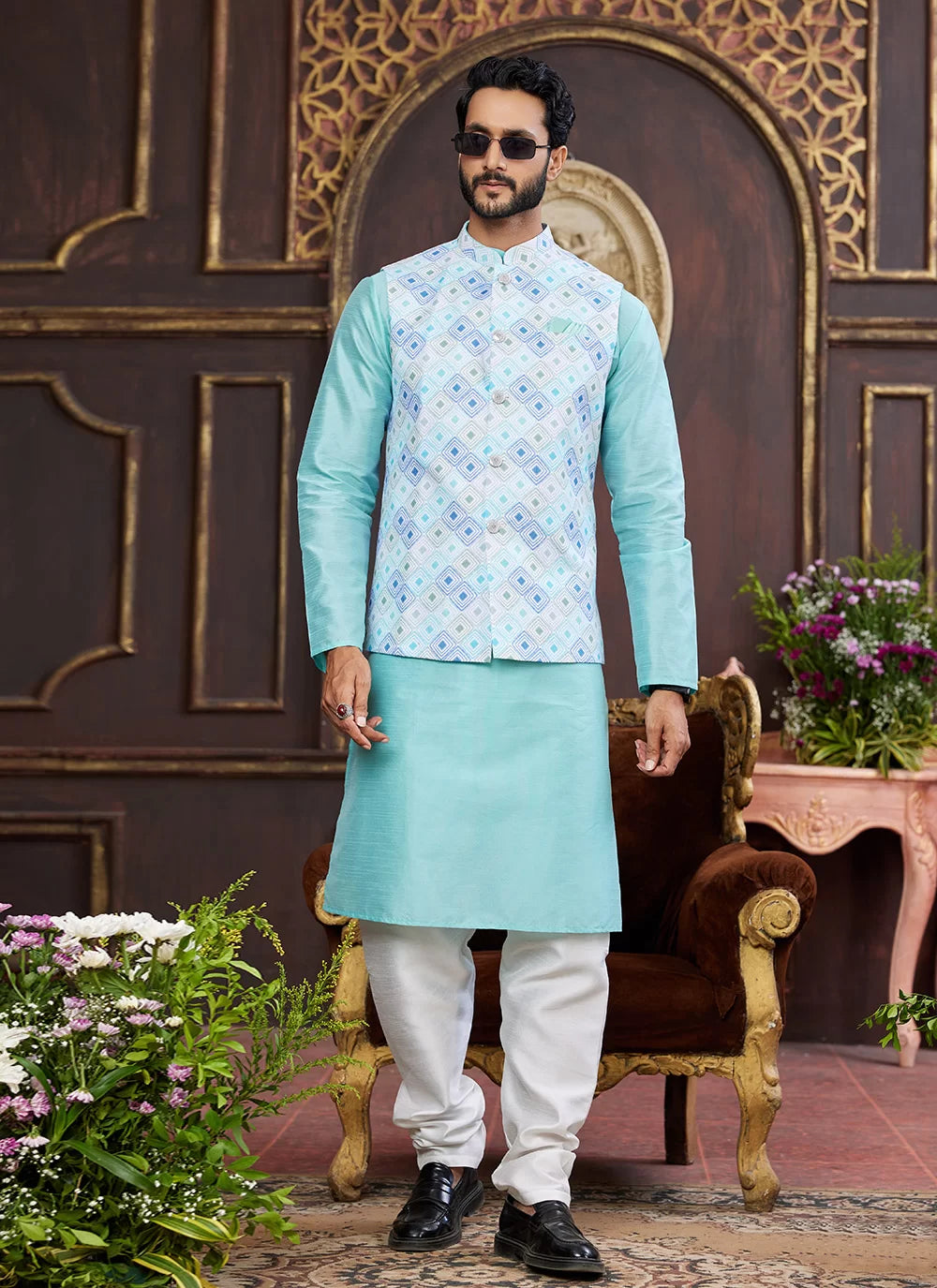 Raivat Ethnic Art Silk Digital Print Work Jacket Set In Multicolour