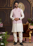 Raivat Ethnic Art Silk Digital Print Work Jacket Set In Pink and Beige Colour