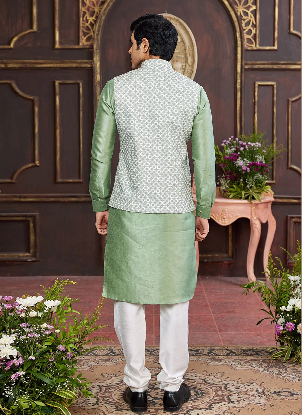 Raivat Ethnic Art Silk Digital Print Work Jacket Set In Light Green Colour