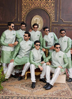 Raivat Ethnic Art Silk Digital Print Work Jacket Set In Light Green Colour