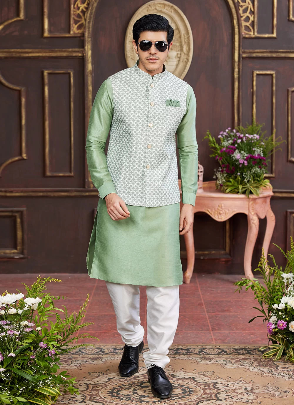 Raivat Ethnic Art Silk Digital Print Work Jacket Set In Light Green Colour