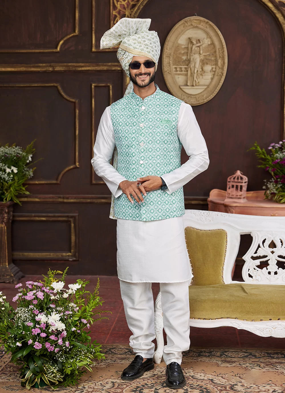 Raivat Ethnic Art Silk Digital Print Work Jacket Set In Sea Green Colour