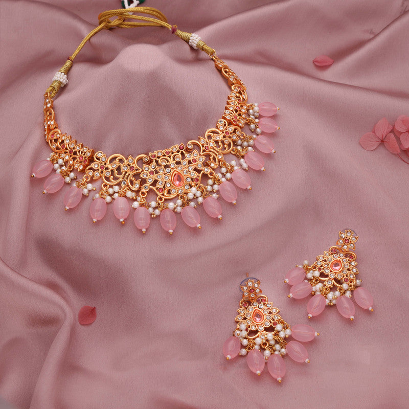 Tehzeeb Creations Gold-Polished Baby Pink Colour Necklace With Stud