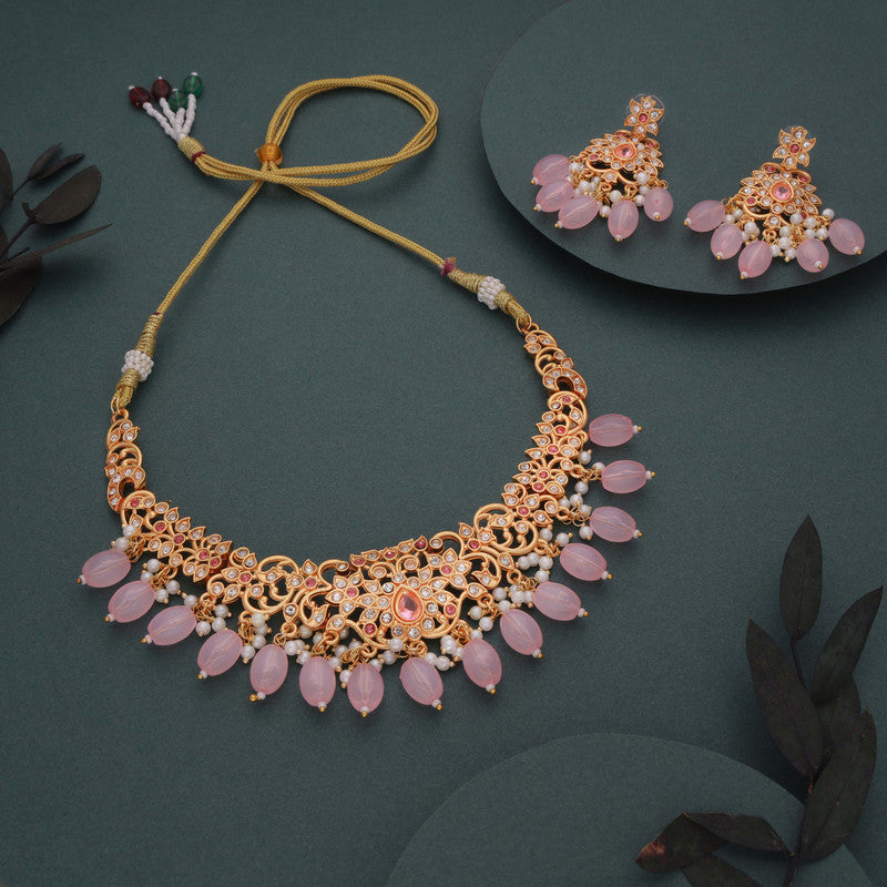 Tehzeeb Creations Gold-Polished Baby Pink Colour Necklace With Stud