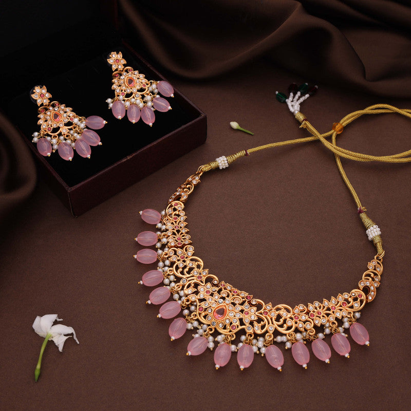 Tehzeeb Creations Gold-Polished Baby Pink Colour Necklace With Stud