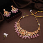 Tehzeeb Creations Gold-Polished Baby Pink Colour Necklace With Stud