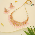 Tehzeeb Creations Gold-Polished Baby Pink Colour Necklace With Stud
