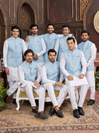 Raivat Ethnic Art Silk Digital Print Work Jacket Set In Sky Blue Colour