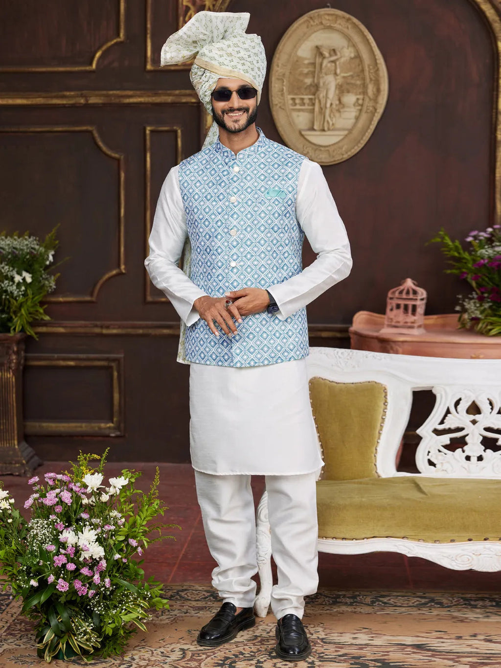 Raivat Ethnic Art Silk Digital Print Work Jacket Set In Sky Blue Colour