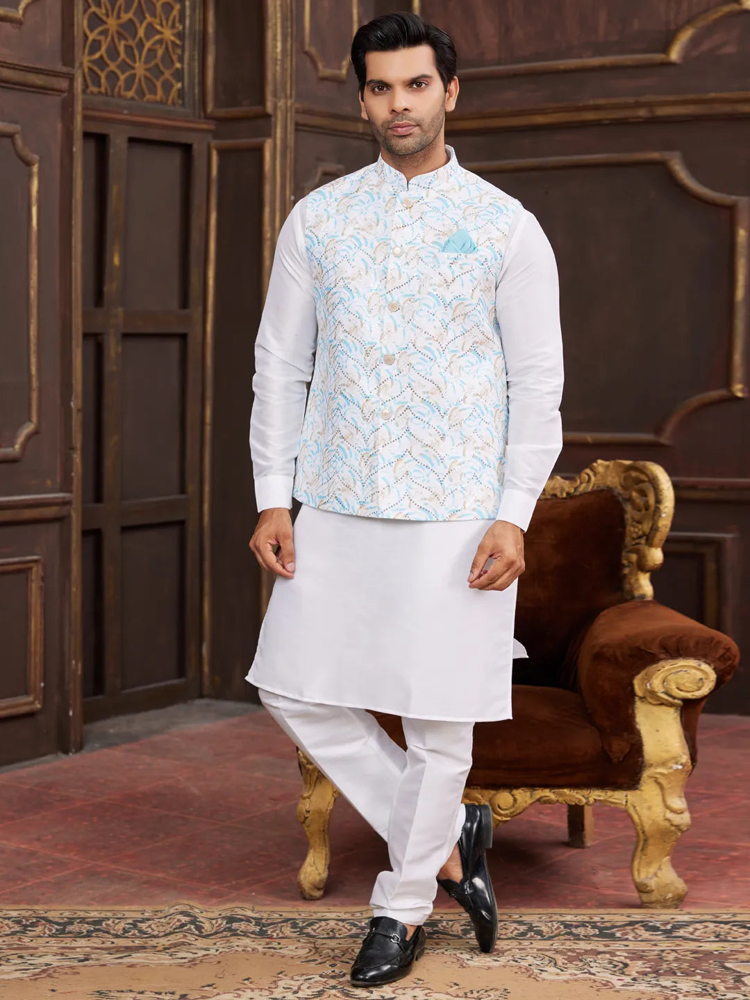 Raivat Ethnic Art Silk Digital Print Work Jacket Set In Sky Blue Colour