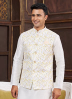 Raivat Ethnic Art Silk Digital Print Work Jacket Set In Yellow Colour