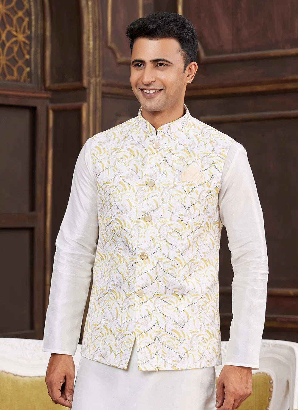 Raivat Ethnic Art Silk Digital Print Work Jacket Set In Yellow Colour