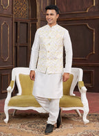 Raivat Ethnic Art Silk Digital Print Work Jacket Set In Yellow Colour