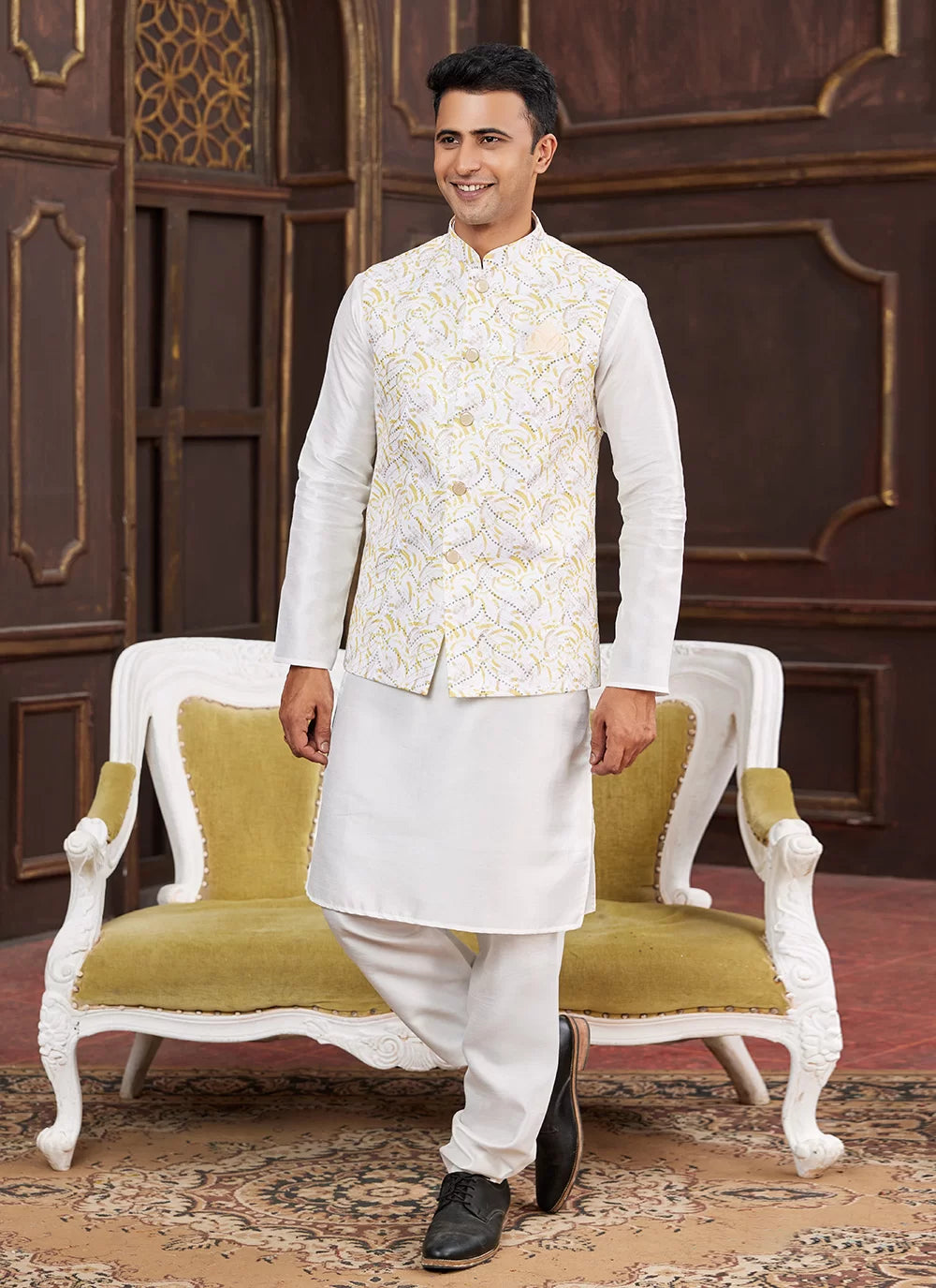 Raivat Ethnic Art Silk Digital Print Work Jacket Set In Yellow Colour