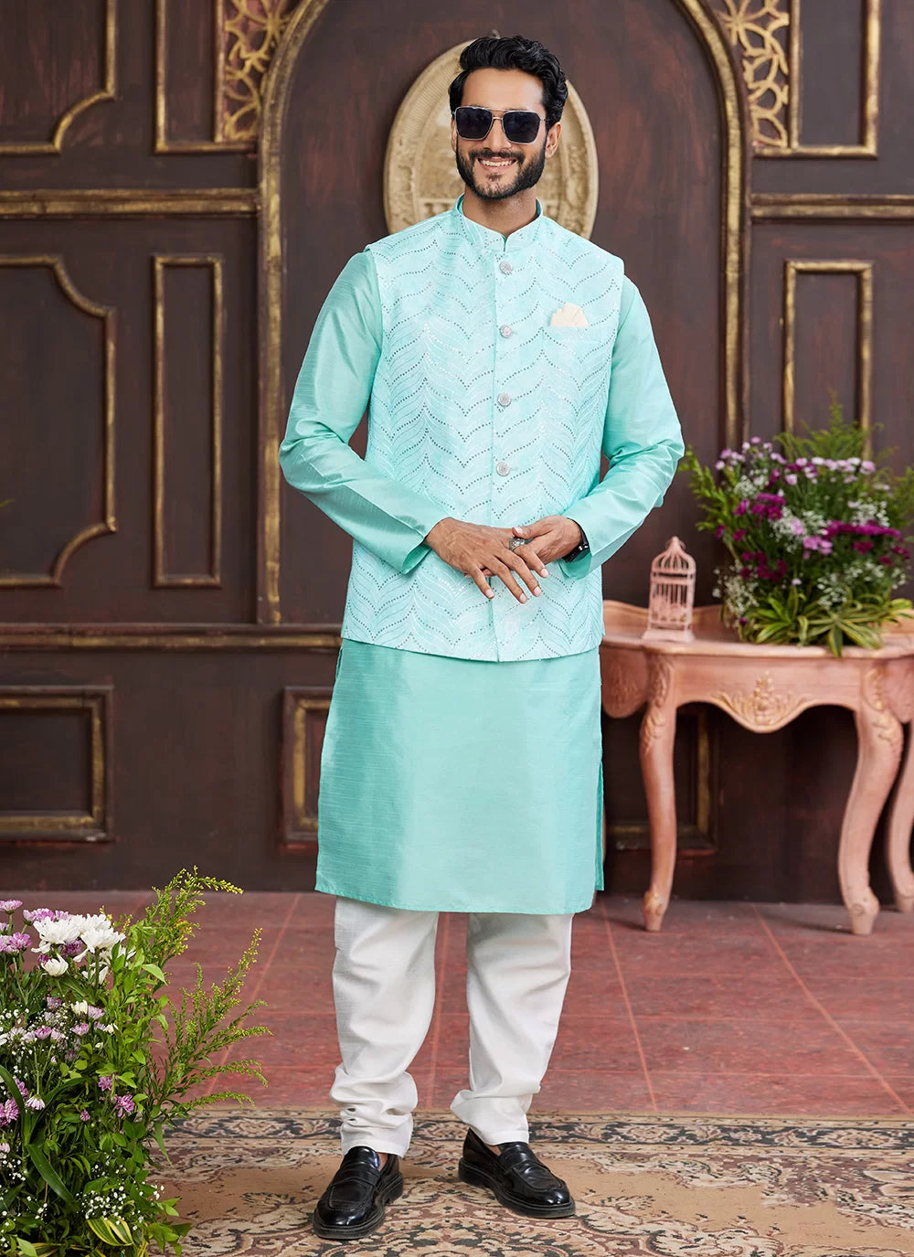 Raivat Ethnic Art Silk Digital Print Work Jacket Set In Green Colour
