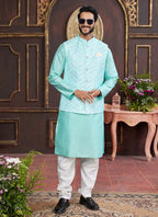 Raivat Ethnic Art Silk Digital Print Work Jacket Set In Green Colour