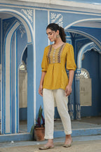 Juniper Mustard Rayon Festive Printed A-Line Tunic For Women - Distacart