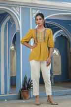 Juniper Mustard Rayon Festive Printed A-Line Tunic For Women - Distacart