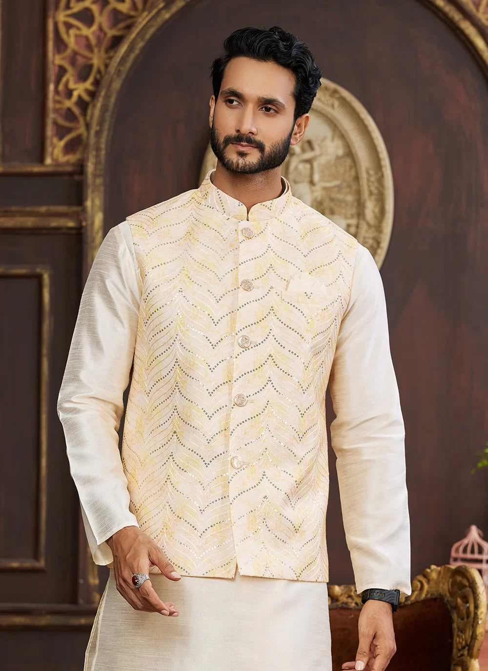 Raivat Ethnic Art Silk Digital Print Work Jacket Set In Light Yellow Colour