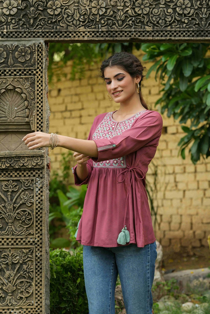 Juniper Onion Pink Rayon Festive Embroidered A-Line Tunic For Women - Distacart