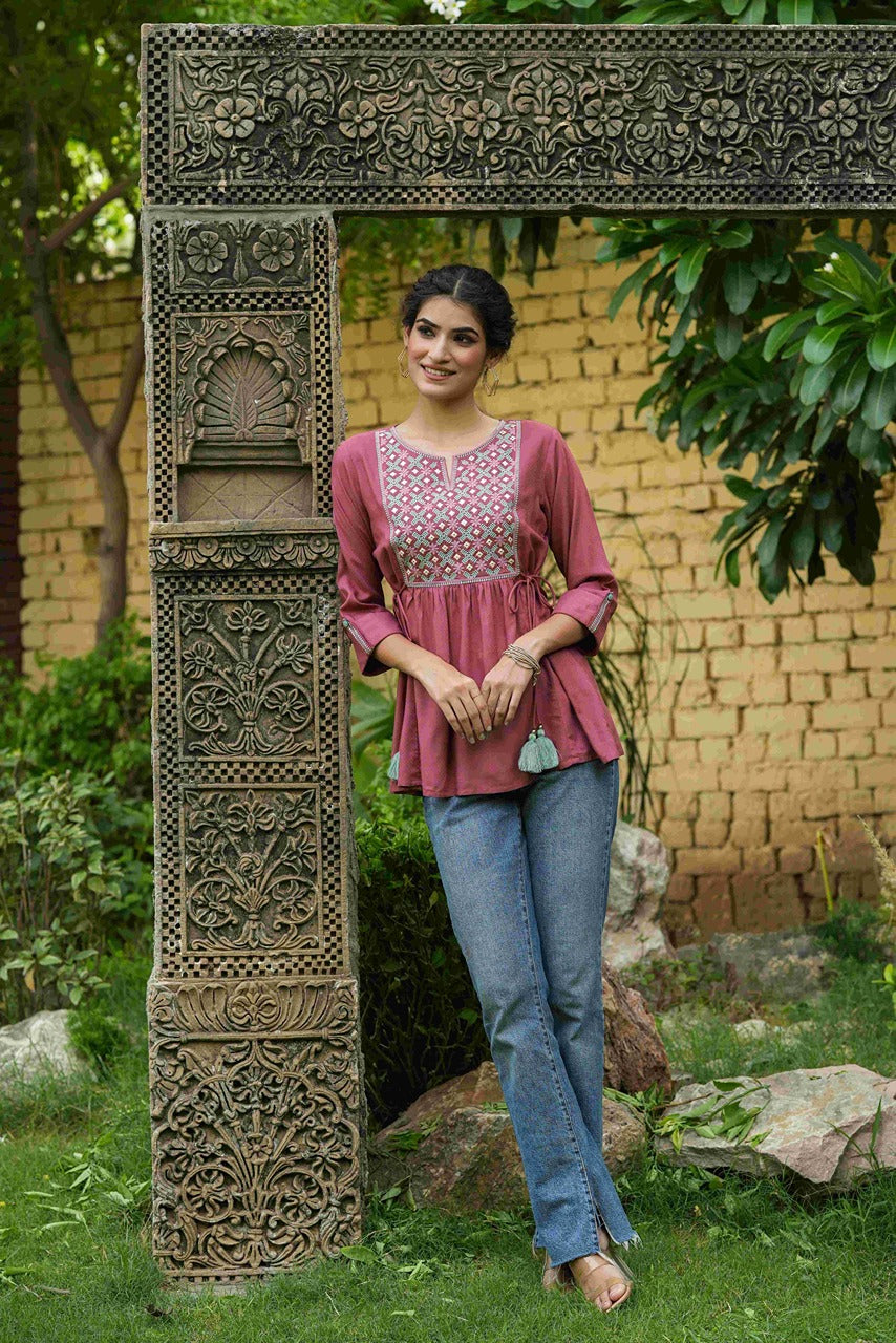 Juniper Onion Pink Rayon Festive Embroidered A-Line Tunic For Women - Distacart