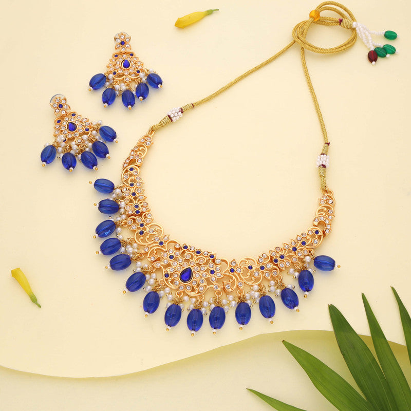 Tehzeeb Creations Gold-Polished Blue Colour Necklace With Stud