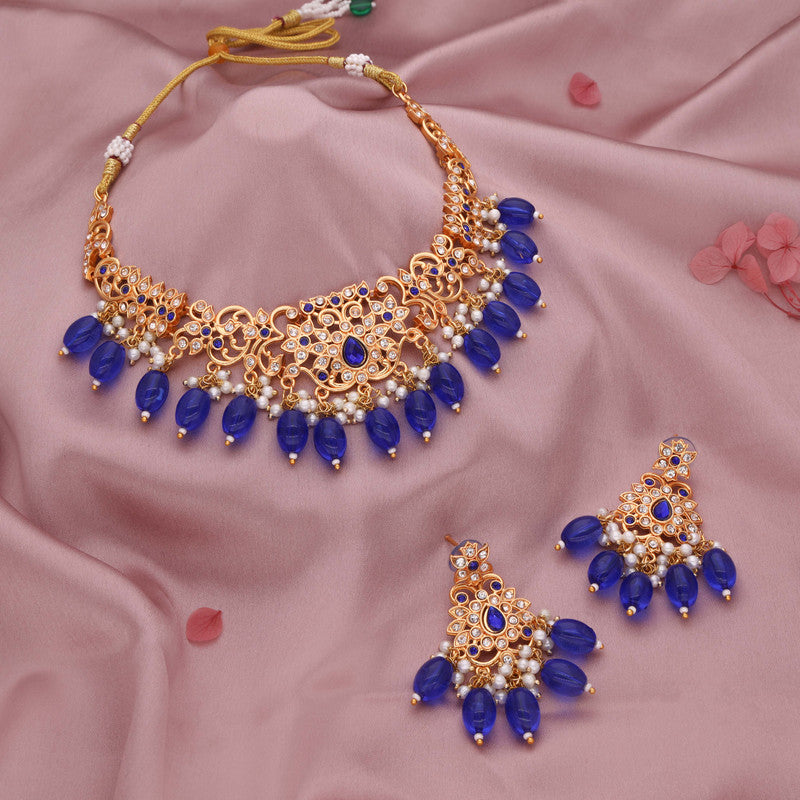 Tehzeeb Creations Gold-Polished Blue Colour Necklace With Stud