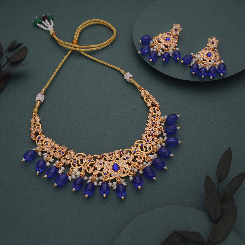 Tehzeeb Creations Gold-Polished Blue Colour Necklace With Stud