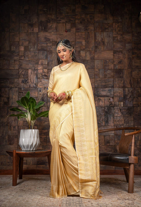 Vardha Gardenia Cream Golden Zari Kanjeevaram Silk Saree