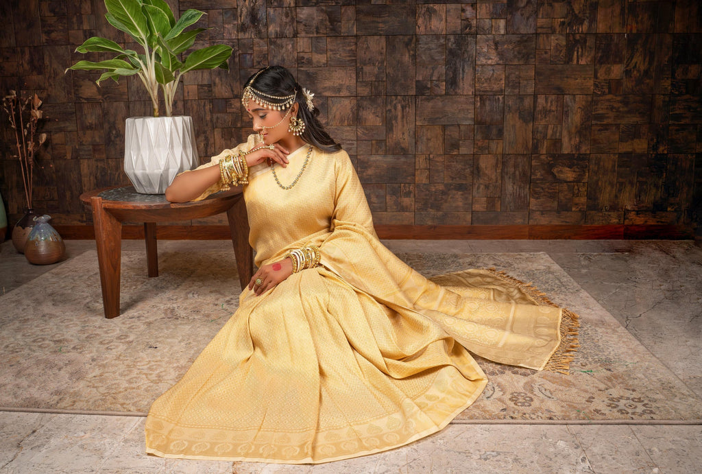 Vardha Gardenia Cream Golden Zari Kanjeevaram Silk Saree