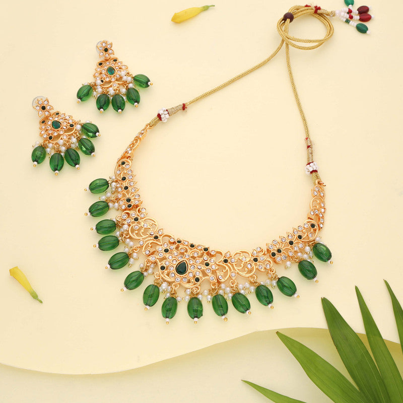 Tehzeeb Creations Gold-Polished Green Colour Necklace With Stud