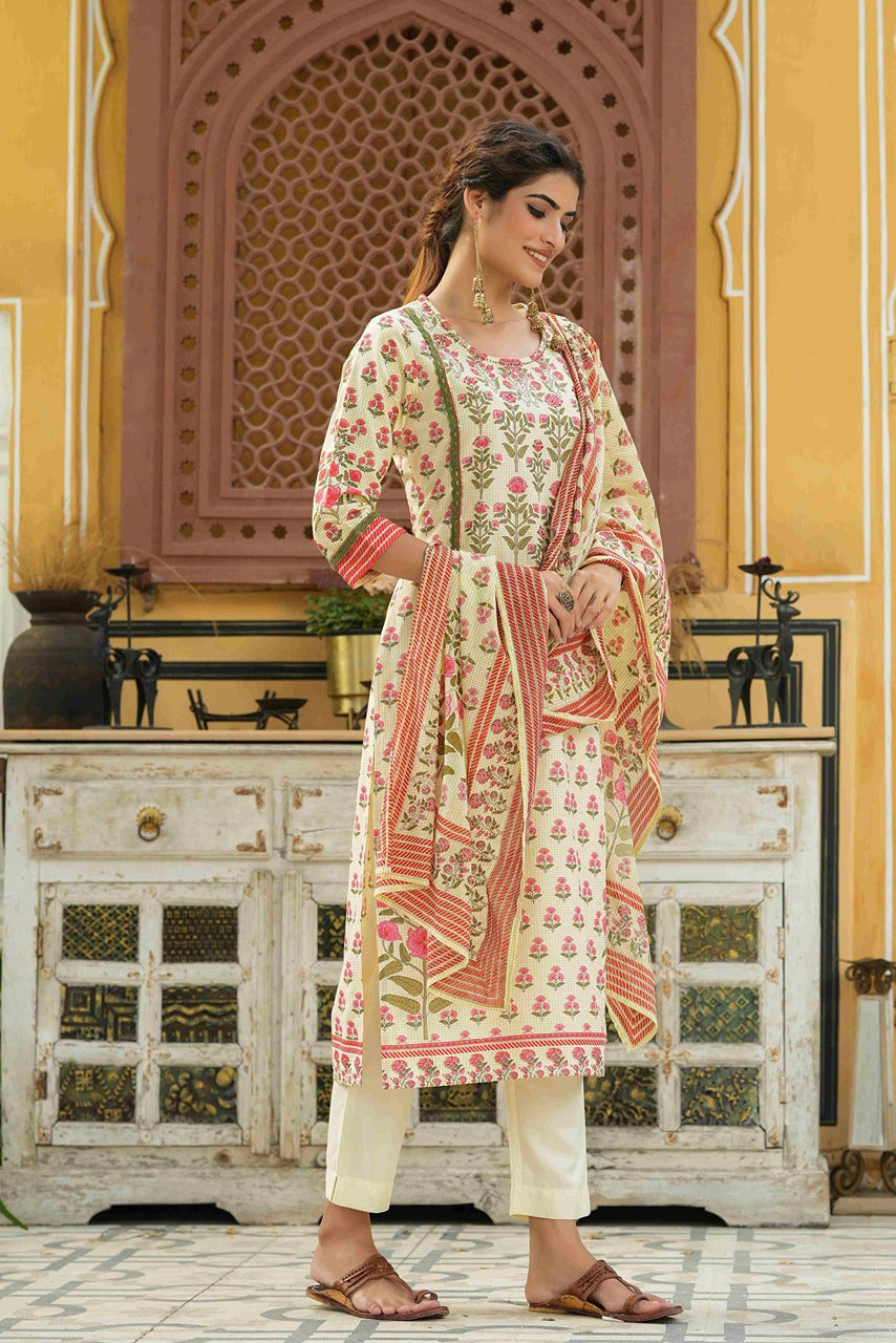 Juniper Ivory Rayon Slub Fusion Polka Print Kurta Set For Women - Distacart