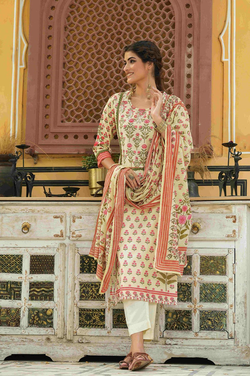 Juniper Ivory Rayon Slub Fusion Polka Print Kurta Set For Women - Distacart