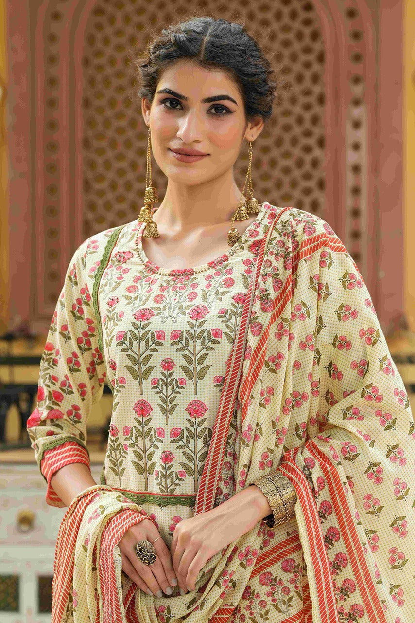 Juniper Ivory Rayon Slub Fusion Polka Print Kurta Set For Women - Distacart