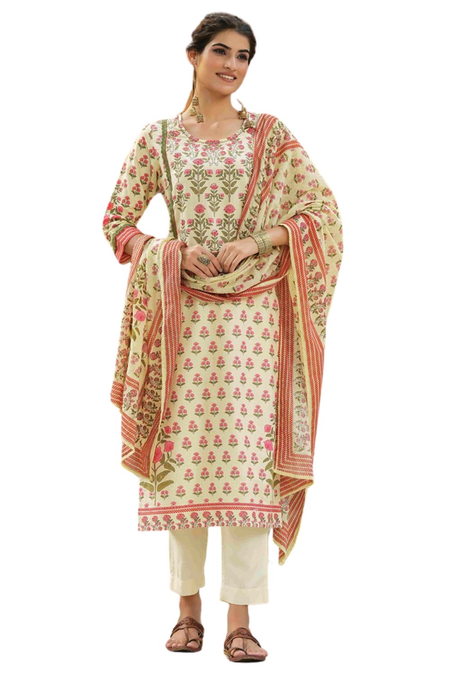 Juniper Ivory Rayon Slub Fusion Polka Print Kurta Set For Women