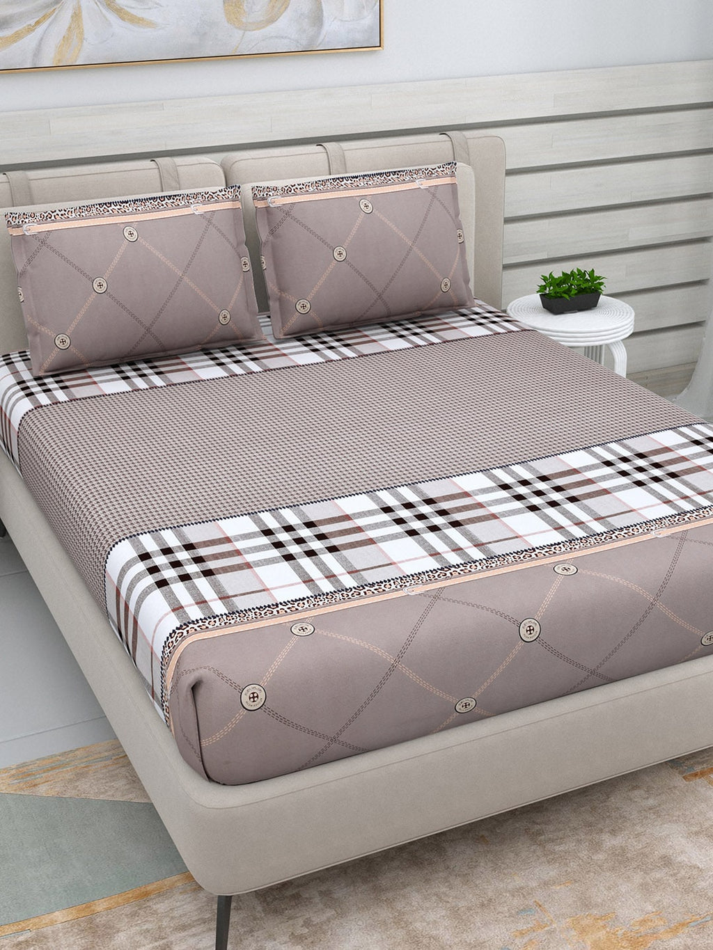 DREAM WEAVERZ Beige Checked 220 TC Glazed Cotton Bedsheet with Pillow Covers
