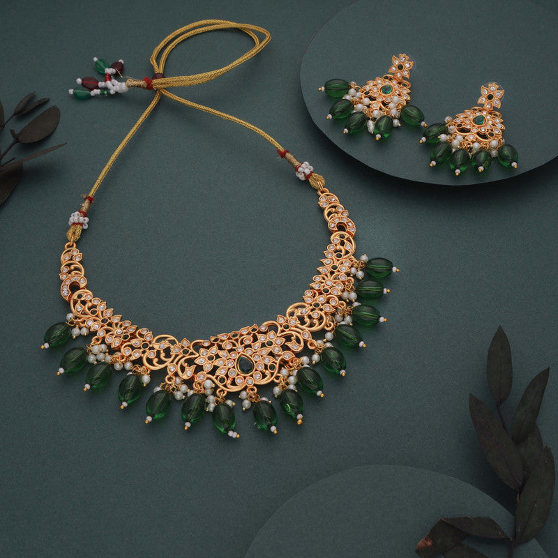 Tehzeeb Creations Gold-Polished Green Colour Necklace With Stud