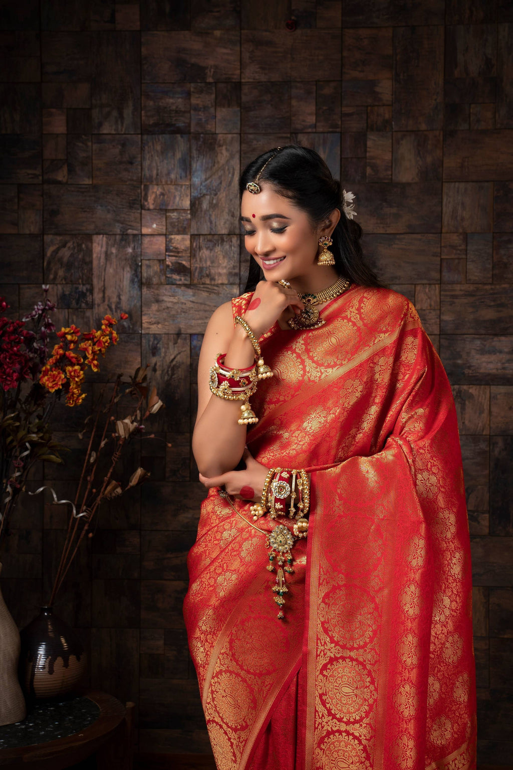 Vardha Crimson Red Zari Floral Kanjeevaram Silk Saree