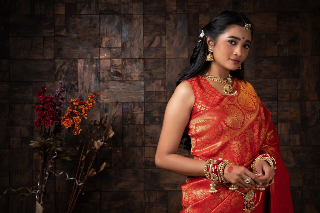 Vardha Crimson Red Zari Floral Kanjeevaram Silk Saree