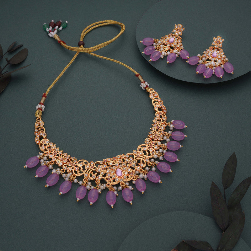 Tehzeeb Creations Gold-Polished Lavender Colour Necklace With Stud