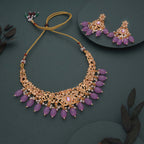 Tehzeeb Creations Gold-Polished Lavender Colour Necklace With Stud