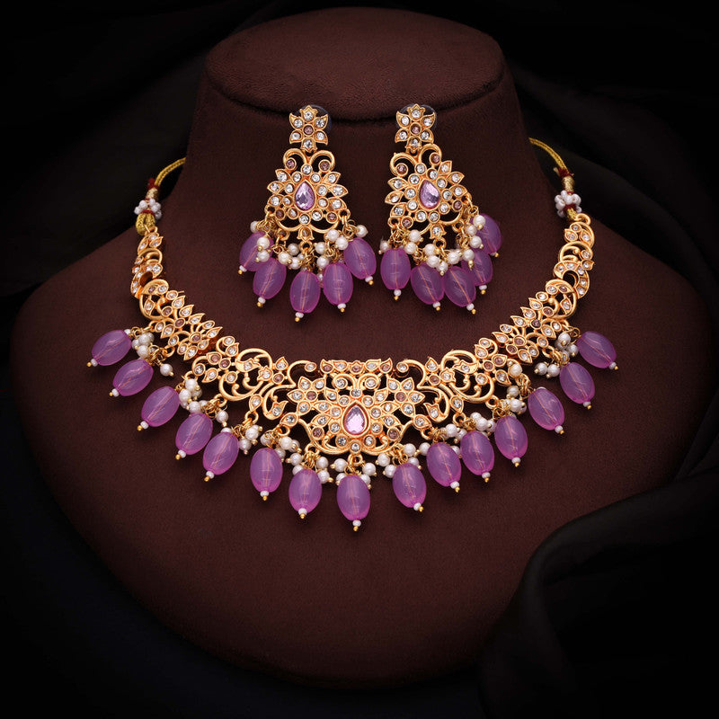 Tehzeeb Creations Gold-Polished Lavender Colour Necklace With Stud