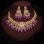 Tehzeeb Creations Gold-Polished Lavender Colour Necklace With Stud