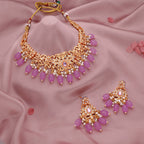 Tehzeeb Creations Gold-Polished Lavender Colour Necklace With Stud